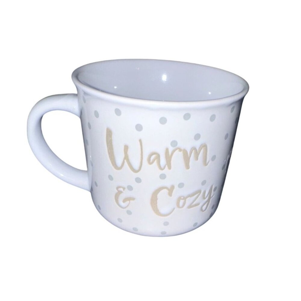 Capelli New York White Ceramic Polka Dot Mug "Warm & Cozy" Dishwasher & Microwav